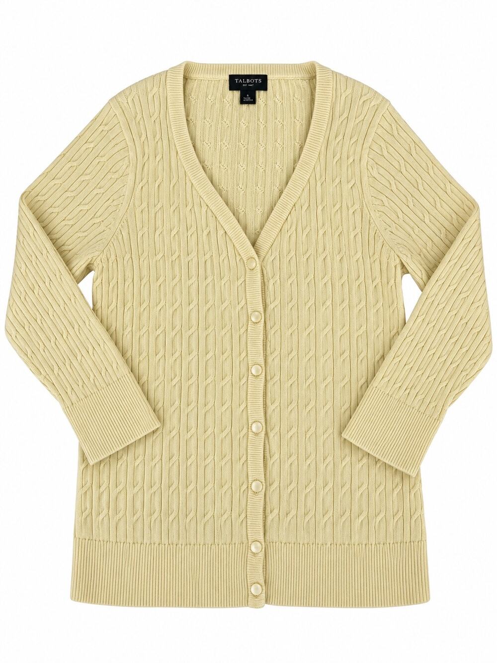 Talbots Petites Yellow Pima Cotton Cable Knit Cardigan SP